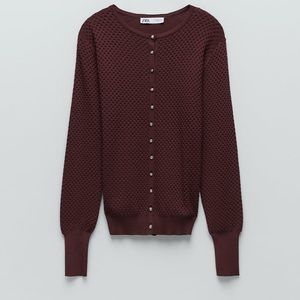 Zara Textured Weave Knit Jewel Buttons Burgundy XS